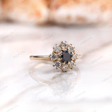 Vintage Black Round Cut Moissanite Floral Engagement Ring, Unique Black Diamond Halo Wedding Promise Ring, Old European Cut Moissanite Ring