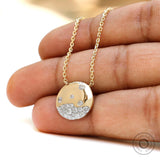 14K Solid Gold Flush Set Lab Grown Diamond Studded Circle Pendant Necklace, Scattered Diamond Gypsy Set Contemporary Pendant Necklace