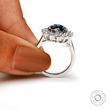 Old Mine Cut Oval Deep Blue Moissanite Ring, Princess Diana Ring, 18K White Gold Cluster Halo Engagement Ring, Statement Ring For Women