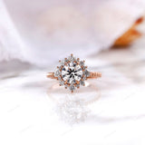 1.5 CT Round Lab Grown Diamond Engagement Ring, IGI Certified, 14k Rose Gold Anniversary Ring, Halo Blossom Ring, Starburst Ring Gold
