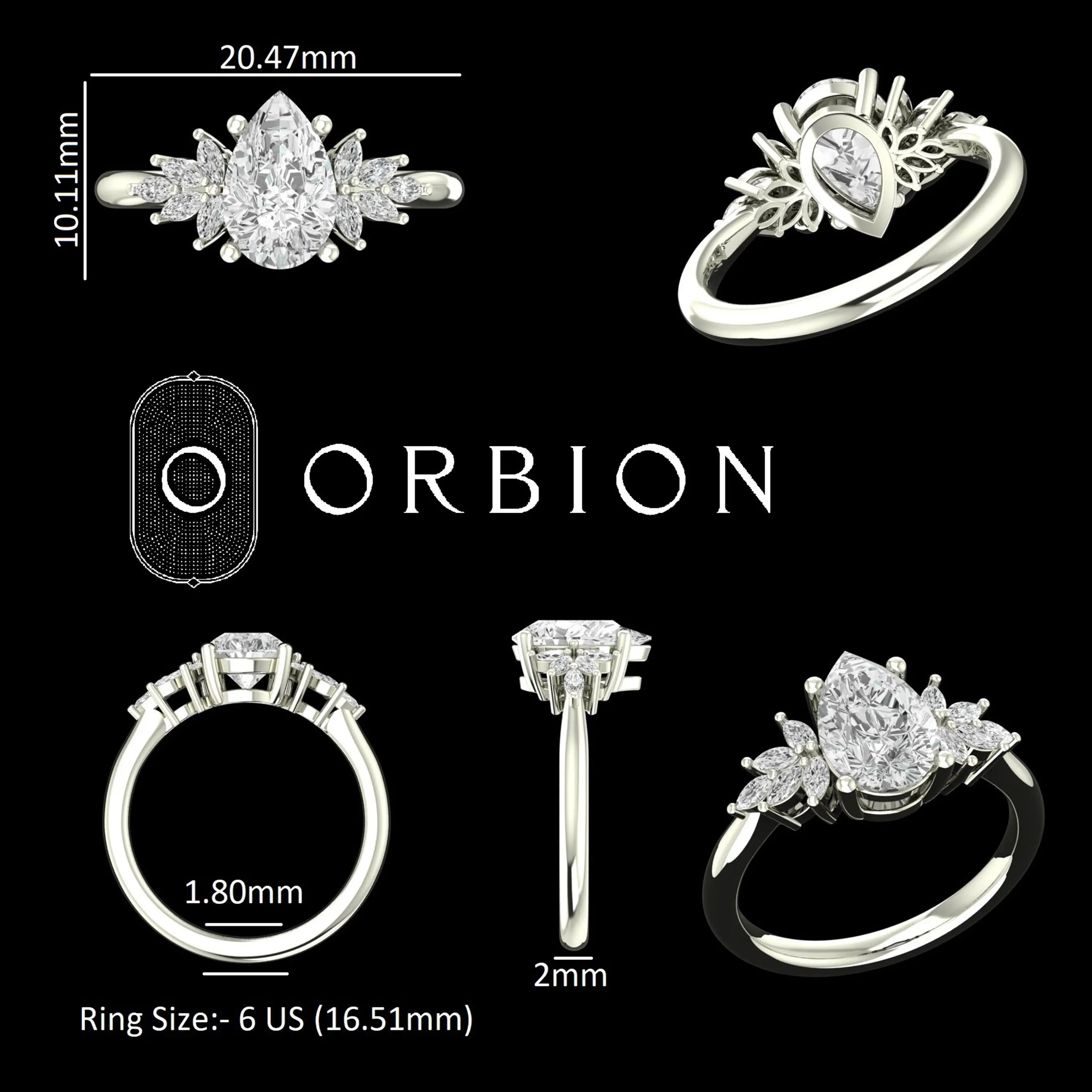 Pear moissanite ring measurement sheet with multi view design details