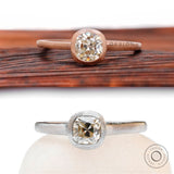 Old Mine Cut Cushion Moissanite Ring, Bezel Engagement Ring, Off White Color Stone Ring, Satin Matte Finish Ring, Dainty Rose Gold Rings