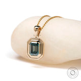Blue Green Emerald Cut Moissanite Double Bezel Pendant, 14k Solid Yellow Gold Pendant Charm, Glossy Finish Chunky Pendant, Wedding Pendant