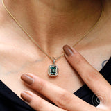 Blue Green Emerald Cut Moissanite Double Bezel Pendant, 14k Solid Yellow Gold Pendant Charm, Glossy Finish Chunky Pendant, Wedding Pendant