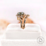 OEC Blue Green Moissanite Ring Set, Vintage Style Leaf Motif Wedding Ring Set, Unique Art Nouveau Ring,  Nature Inspired Engagement Rings