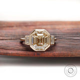 4 CT Fat Emerald Cut Champagne Moissanite Ring, Unique Vintage Style Bezel Set Three Stone Ring, Baguette Accent Stone, Promise Ring