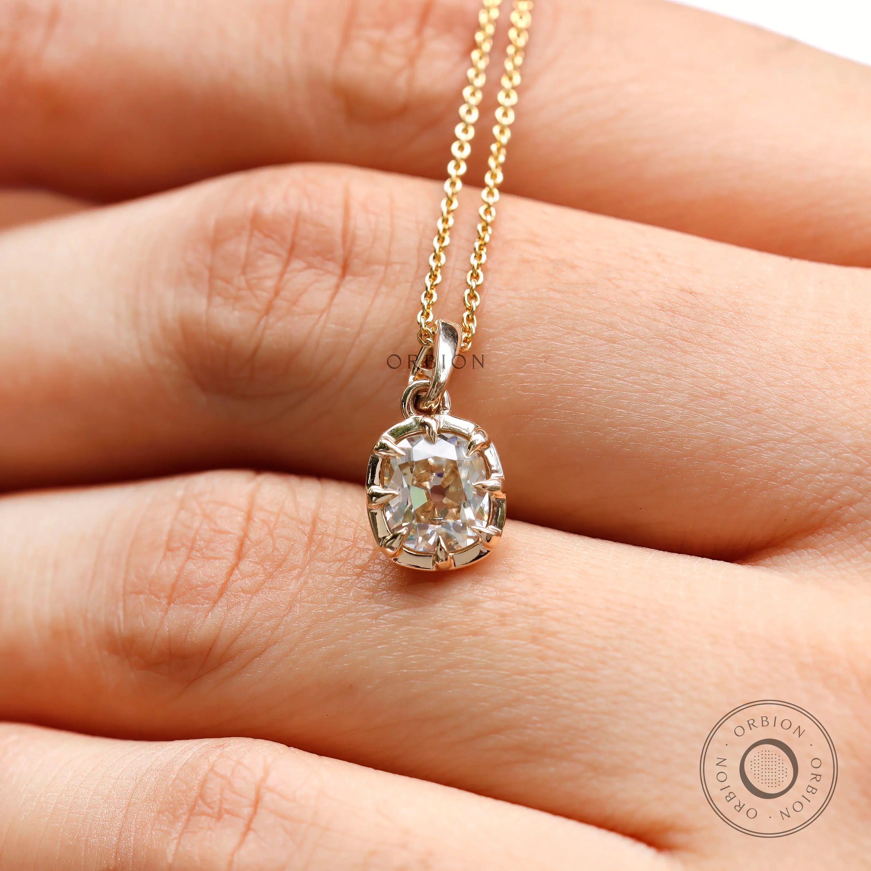 Finger scale view cushion moissanite pendant yellow gold