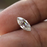 Moissanite marquise stone on a hand for scale