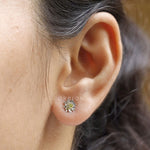 Model wearing lotus flower stud earrings with yellow lab diamond