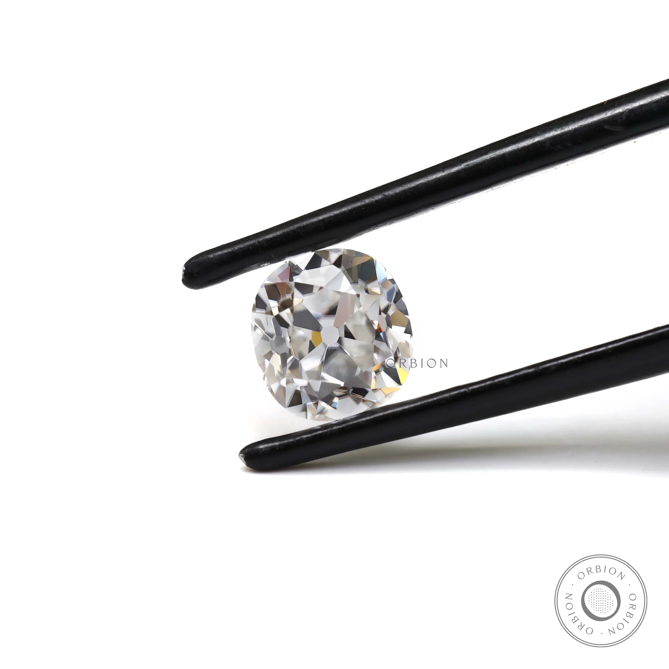 Old mine cut elongated cushion moissanite at side angle