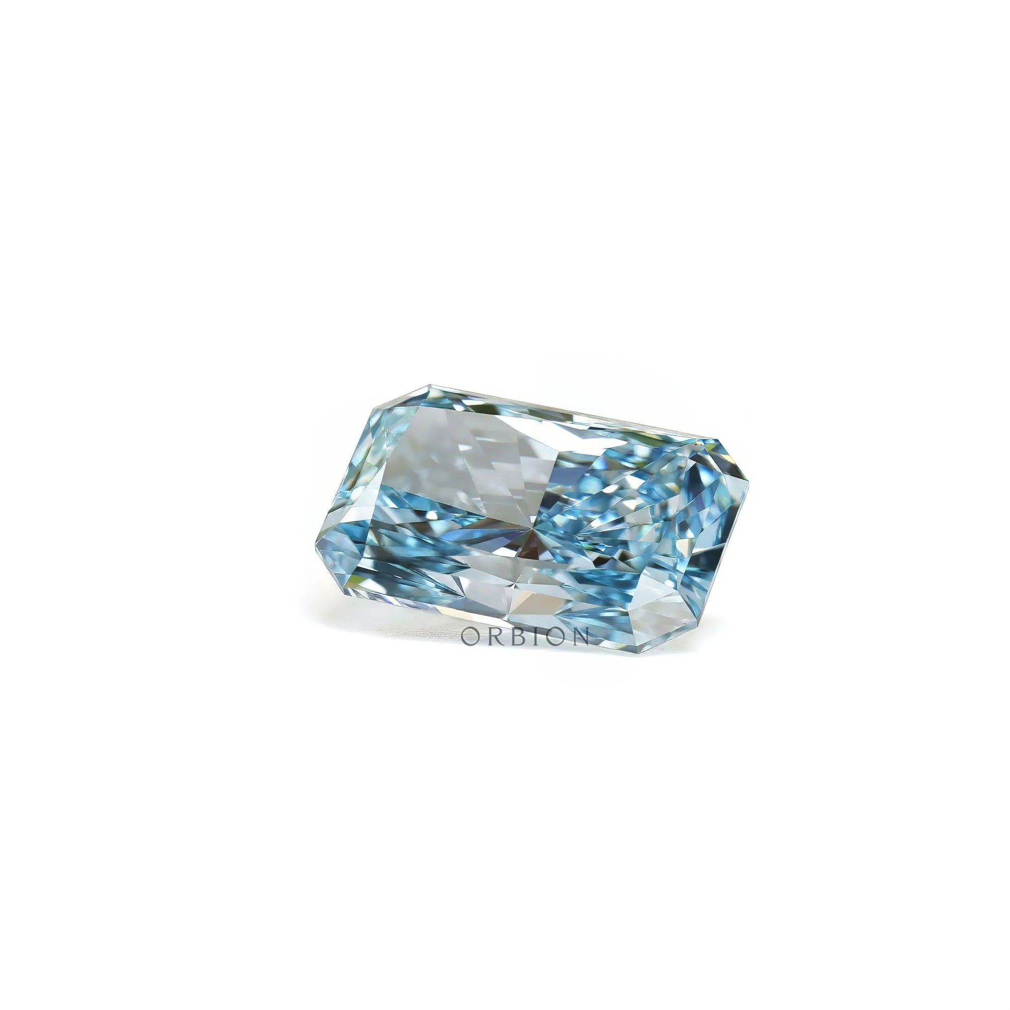 Blue radiant lab diamond resting in horizontal side view