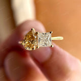 Toi Et Moi Double Stone Engagement Ring Two Stone 14k Yellow Gold Ring Pear Champagne & Princess Moissanite Ring You And Me Ring For Women