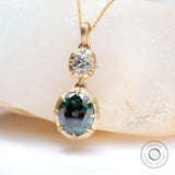 Two Stone Moissanite Pendant, Old Mine Cut Pendant, Gold Pendant, Oval Dark Green Stone Pendant, Closed Bezel Pendant, Georgian Jewelry