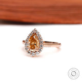Pear Brownish Champagne Moissanite Halo Engagement Ring Unique Color Stone Wedding Ring Teardrop Bridal Ring Solid Rose Gold Promise Ring