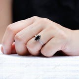 OMC Marquise Green Moissanite Ring, Marquise Engagement Ring, Unique Black Green Ring, 14K White Gold Pave Band Ring, Black Wedding Ring