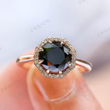 Modern Octagon Black Moissanite Ring - Chic Halo Rose Gold Ring, Elegant Claw Prong Black Stone Ring - 14K Rose Gold OEC Ring