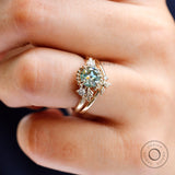 OEC Blue Green Moissanite Ring Set, Vintage Style Leaf Motif Wedding Ring Set, Unique Art Nouveau Ring,  Nature Inspired Engagement Rings