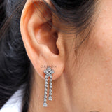 Lab Grown Diamond Dangle Drop Earrings, Round & Pear Cut Diamond Flexible Double Strand Hanging Dangler Solid Gold Statement Earrings