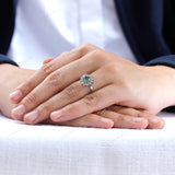 OEC Blue Green Moissanite Ring, Halo Bezel Set Ring, Cluster Wedding Ring, Floral Statement Ring, Antique Floral Ring, Art Deco Gold Ring