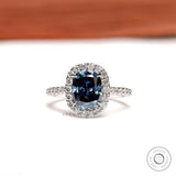 2.5 CT Elongated Cushion Deep Blue Moissanite Engagement Ring, Cathedral Shank White Gold Ring, Halo Wedding Ring, Half Eternity Bridal Ring