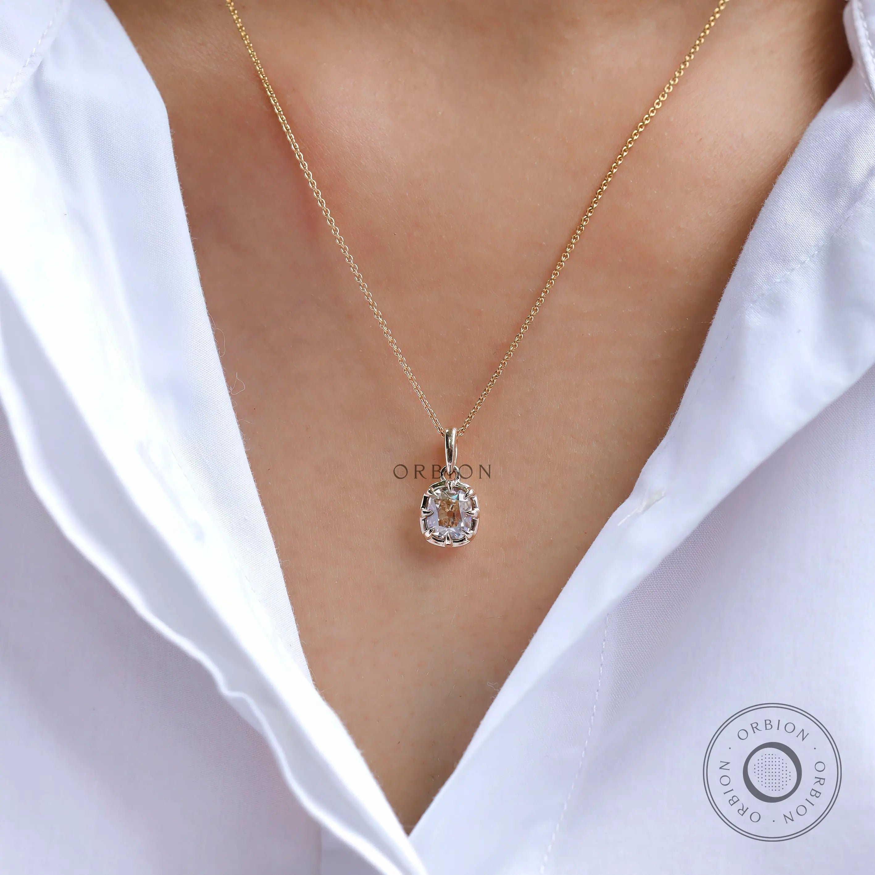 Worn view Georgian old mine moissanite pendant on neckline