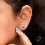 Worn view old European cut moissanite stud earrings