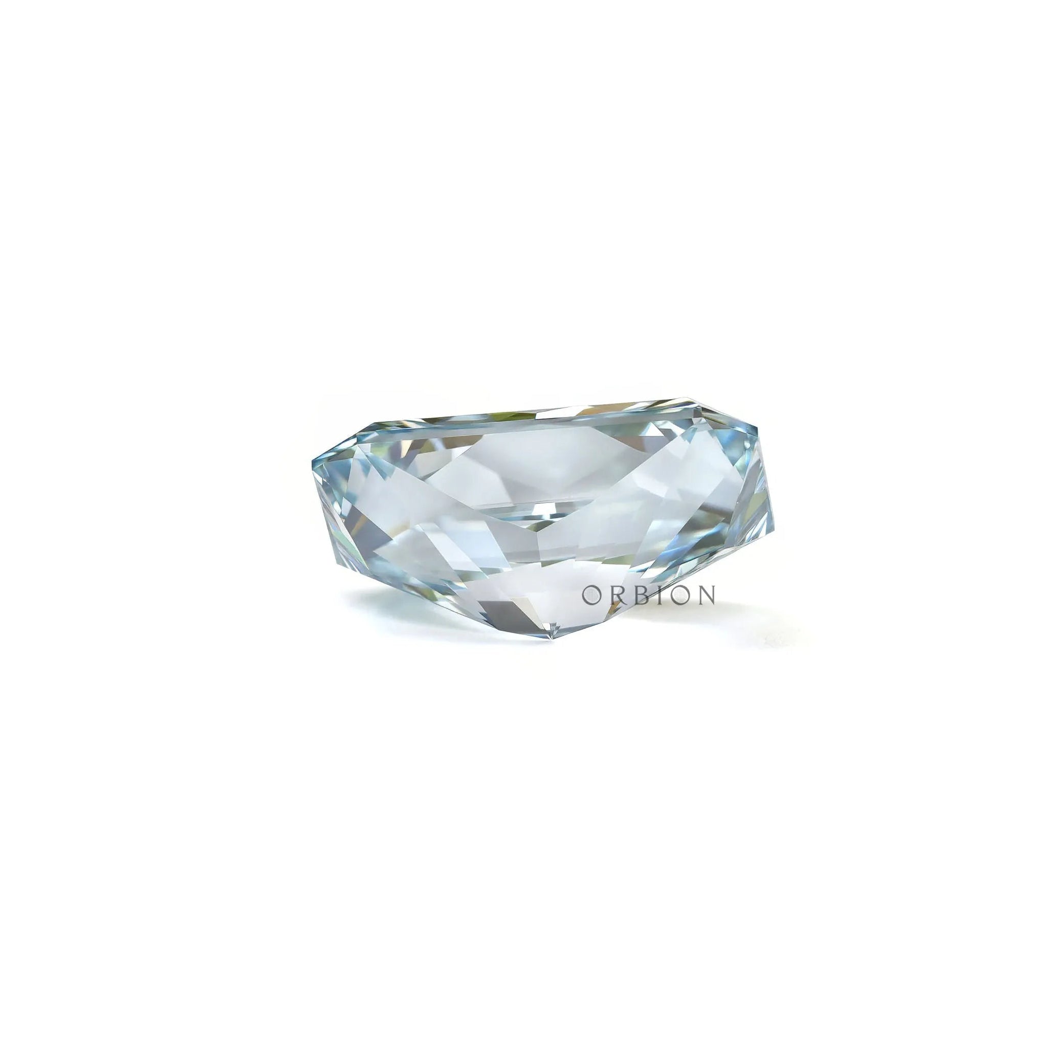 Blue radiant lab diamond resting in horizontal bottom view