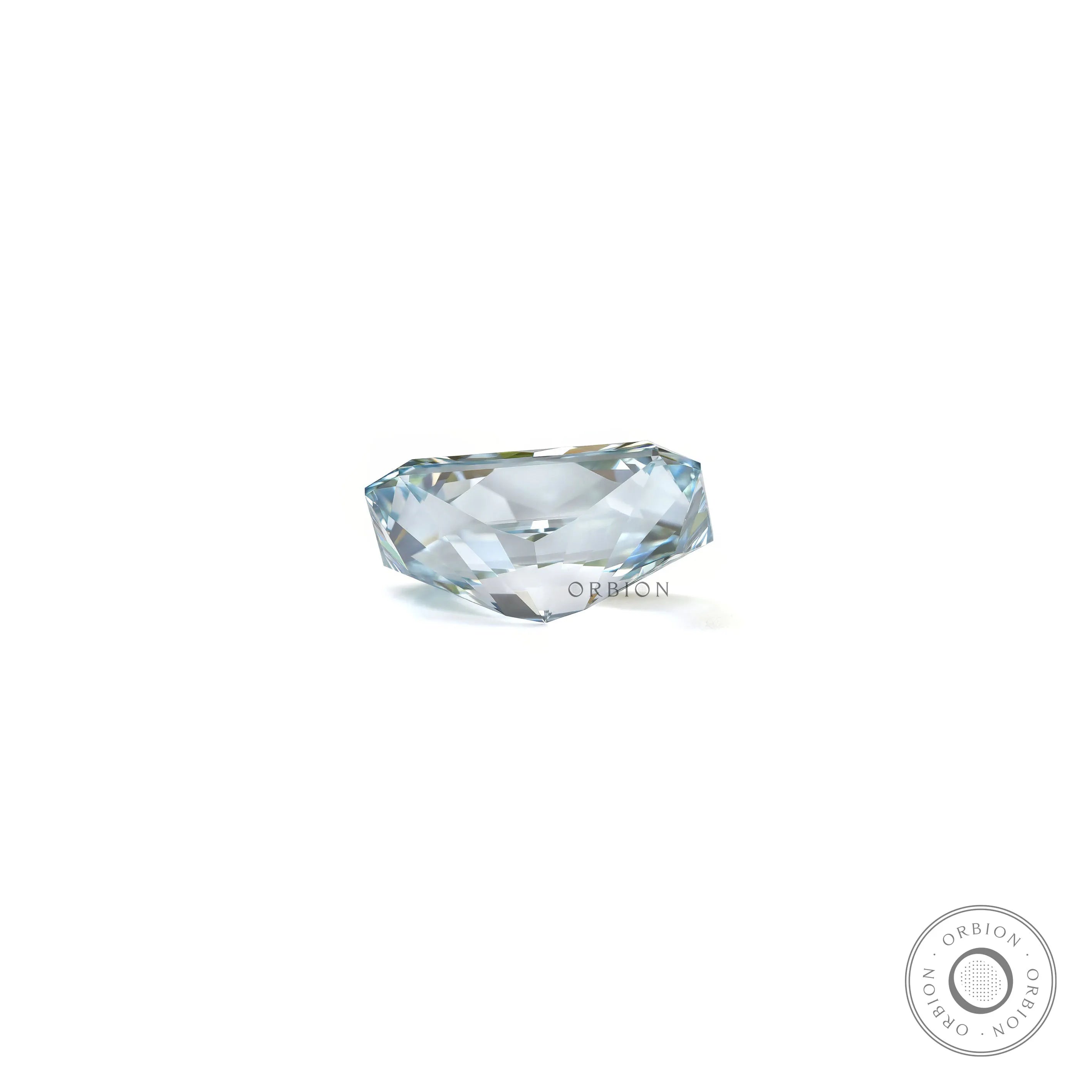Blue radiant lab diamond resting in horizontal bottom view
