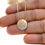 14K Solid Gold Flush Set Lab Grown Diamond Studded Circle Pendant Necklace, Scattered Diamond Gypsy Set Contemporary Pendant Necklace