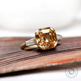 10 MM Dark Champagne Octavia Cut Asscher Moissanite Engagement Ring in Smooth Matt Finish Tapered Baguette Accent Ring, Three Stone Ring