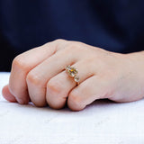 Vintage Three Stone Moissanite Engagement Ring OMC Georgian Style Champagne Color Unique Moissanite Ring Antique Inspired Ring 14k Gold