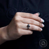 Black Marquise Cut Celestial Ring Moissanite, 10K White Gold Vintage Ring, Crescent Moon Ring, Black Round Accent Antique Ring, Black Rings