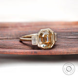 4 CT Fat Emerald Cut Champagne Moissanite Ring, Unique Vintage Style Bezel Set Three Stone Ring, Baguette Accent Stone, Promise Ring