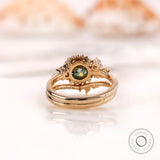 OEC Blue Green Moissanite Ring Set, Vintage Style Leaf Motif Wedding Ring Set, Unique Art Nouveau Ring,  Nature Inspired Engagement Rings