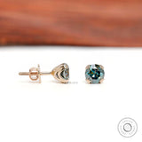 6 MM Old European Cut Blue-Green Moissanite Studs, Triple Claw Prong Studs, Tiny Vintage Style Statement Earrings, 14k Solid Yellow Gold