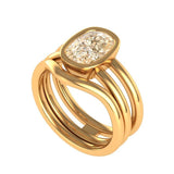 Champagne Shallow Old Mine Cut Moissanite Double Shank Ring With Matching Curved Band in 18k Yellow Gold, Wedding Ring Set