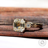 Asscher Three Stone Ring, Sun Motif Vintage Style Moissanite Engagement Ring, 14K Gold Art Deco Floral Motif Engraved Ring, Promise Ring