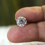 Brilliant cut round lab diamond held on fingertips