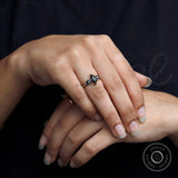 Black Marquise Cut Celestial Ring Moissanite, 10K White Gold Vintage Ring, Crescent Moon Ring, Black Round Accent Antique Ring, Black Rings