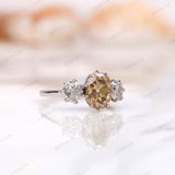 Old Cut Three Stone Ring, Oval OMC Champagne OEC Moissanite Side Stone Ring, Georgian Style Ring, Three Stone Vintage Ring, 14k Gold Ring