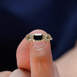 Three Stone Moissanite Engagement Ring, Three Stone Vintage Gold Ring, Vintage Bezel Ring, OEC Champagne Side Stones, Green Moissanite Ring