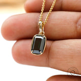 1.8 CT Emerald Cut Dark Green Black Moissanite Pendant, Solid Yellow Gold Basket Set Pendant, Glossy Finish Chunky Pendant, Dainty Pendant