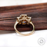 Old Mine Emerald Cut Dark Champagne Moissanite Ring, Three Stone Engagement Ring, Bezel Set Ring, Side Stones Baguette, Statement Ring