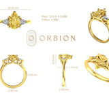 Pear Cut Champagne Three Stone Ring, Trillion Side Stone Ring, 18K Yellow Gold Trellis Setting With Claw Prongs Engagement Ring