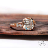 Colorless Moissanite Solitaire Engagement Ring, OMC Cushion Moissanite Ring, Bezel Cushion Cut Ring, Rose Gold Milgrain Ring, Cathedral Ring