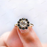 Black And White Halo Moissanite Floral Engagement Ring 14k Yellow Gold Old European Cut Cluster Wedding Ring Flower Shaped Rings