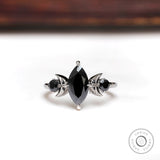 Black Marquise Cut Celestial Ring Moissanite, 10K White Gold Vintage Ring, Crescent Moon Ring, Black Round Accent Antique Ring, Black Rings