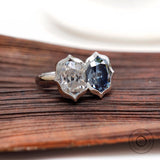 Deep Blue Elongated OMC Moissanite Toi Et Moi Ring, Double Stone Ring, Two Stone Engagement Ring, Antique Bezel 14K White Gold Ring