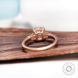 Three Stone Round Trilogy Moissanite Engagement Ring 10k 14k 18k Rose Gold Matte Finish Side Tapered Baguettes Cathedral Ring