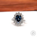 Old Mine Cut Oval Deep Blue Moissanite Ring, Princess Diana Ring, 18K White Gold Cluster Halo Engagement Ring, Statement Ring For Women